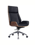 Ergonomisk kontorstol i sort læder og valnød med vippefunktion