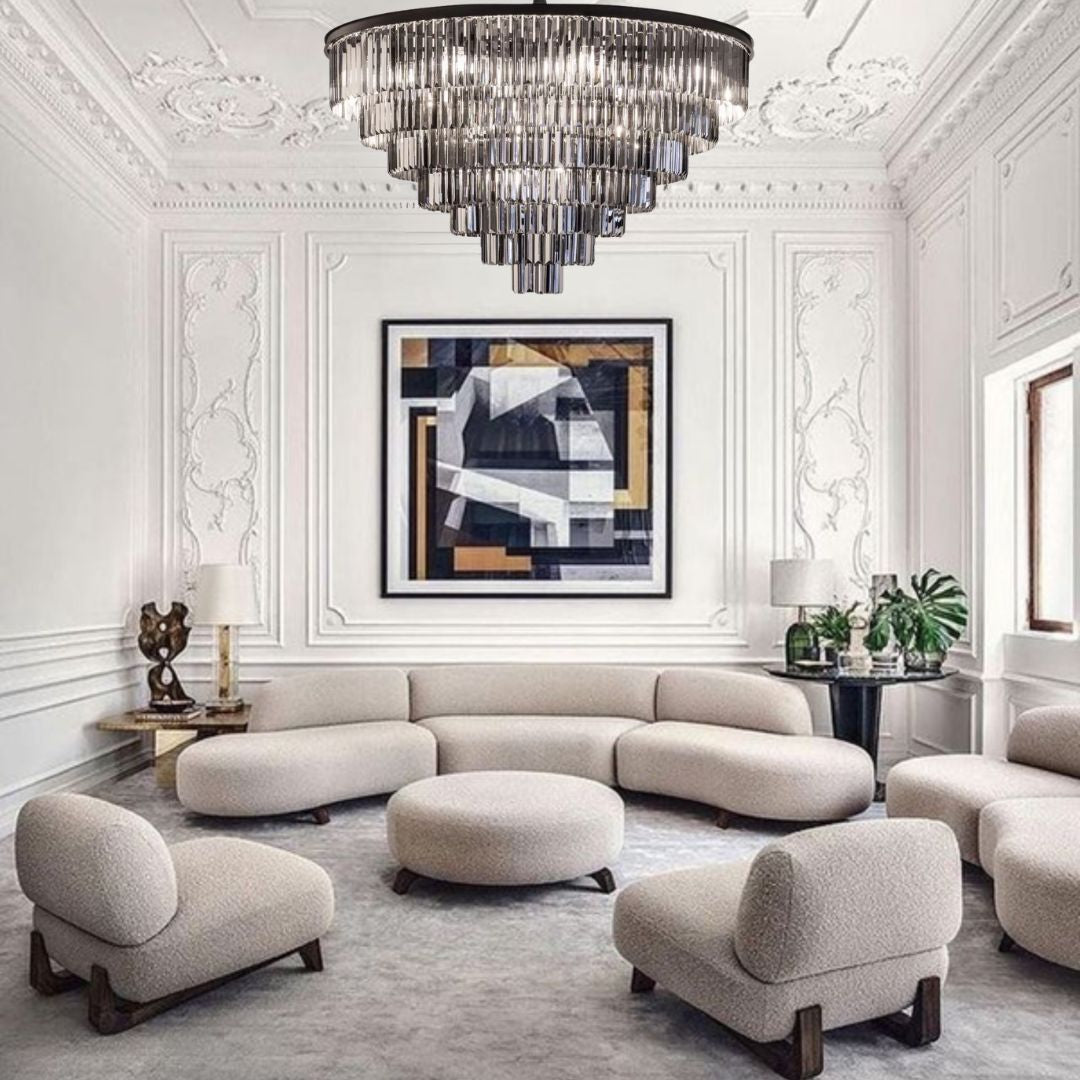 Krystal lysekrone Tradition i smoke krystal, 110 cm – ideel til elegante stuer og loungeområder