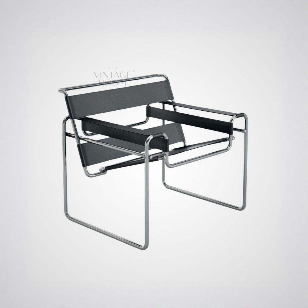 Loungestol Wassily i Sort læder og Ramme i Poleret Stål