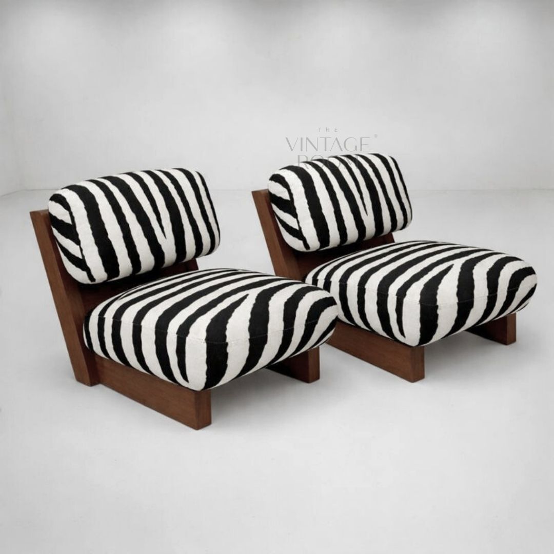 Design loungestol Zenore i eksklusiv zebra-polstring med træbase