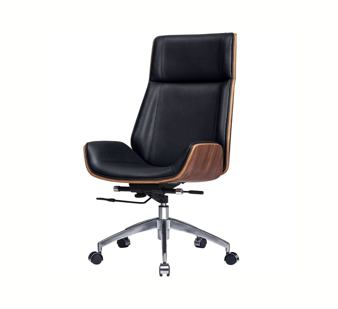 Designer kontorstol i sort læder og valnød med vippefunktion