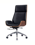 Designer kontorstol i sort læder og valnød med vippefunktion