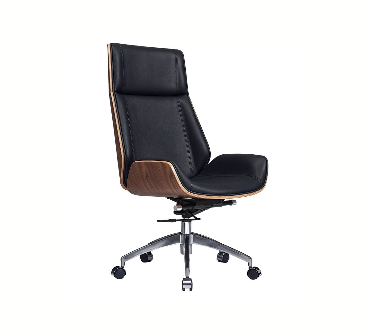 Ergonomisk kontorstol i sort læder og valnød med vippefunktion