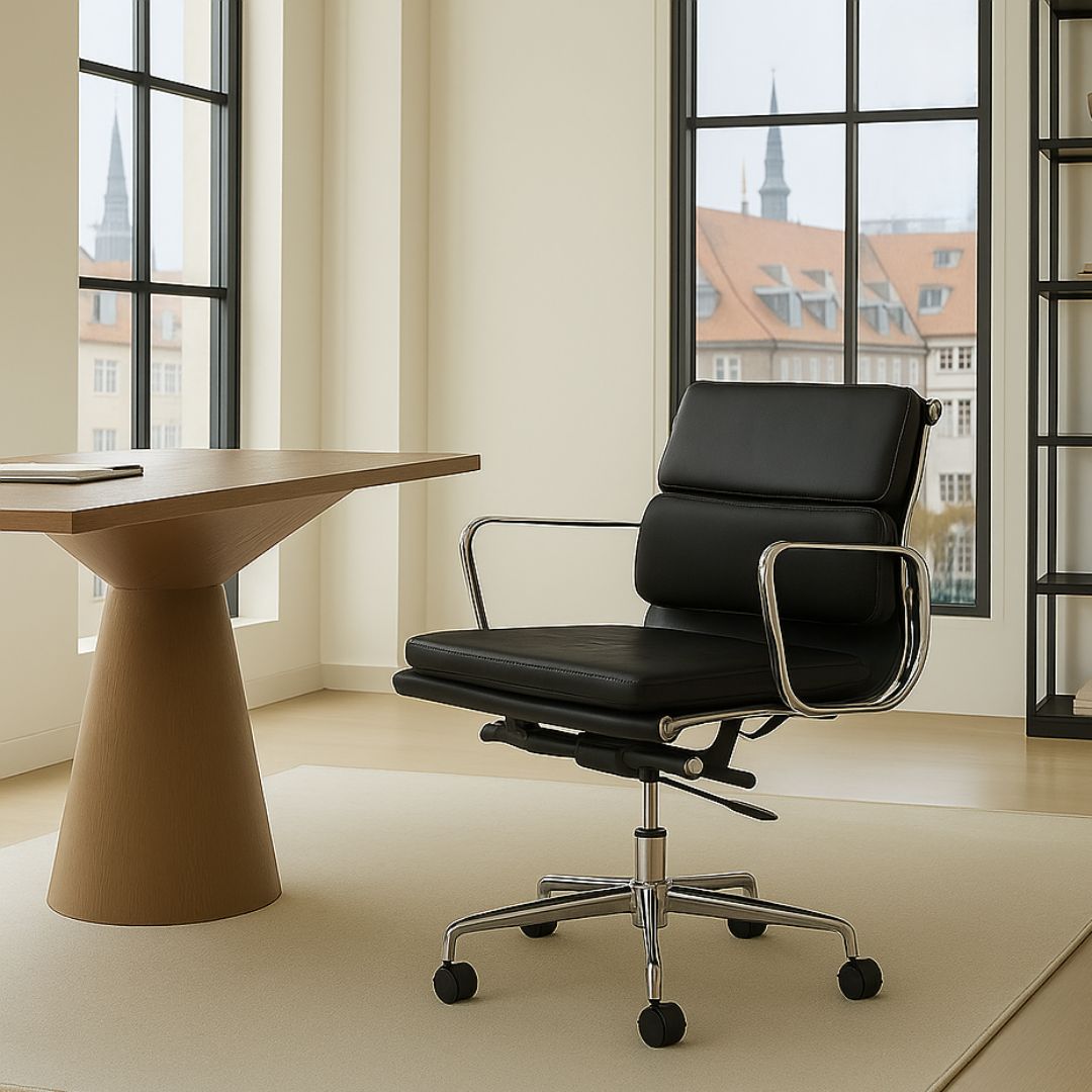 Komfortabel designer kontorstol i sort læder med lav ryg – ideel til konferencerum, kontor og hjemmekontor
