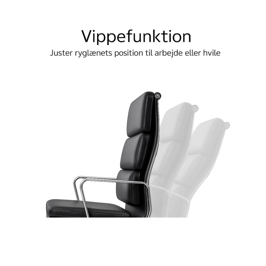 Kontorstol med vippefunktion og blød Siddehynde– sort læder og aluminium til kontor, konferencerum og hjemmekontor