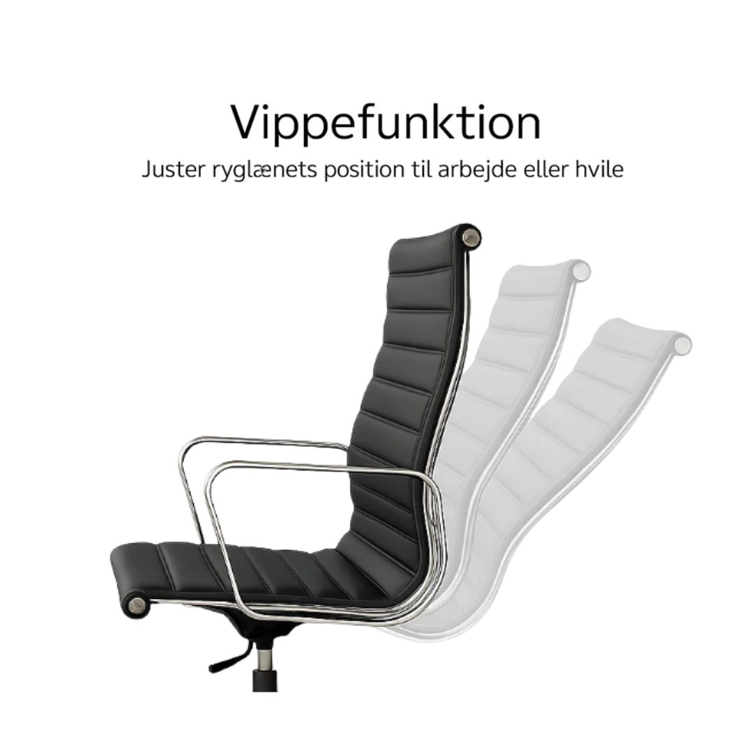 Kontorstol med vippefunktion – sort læder og aluminium til kontor, konferencerum og hjemmekontor