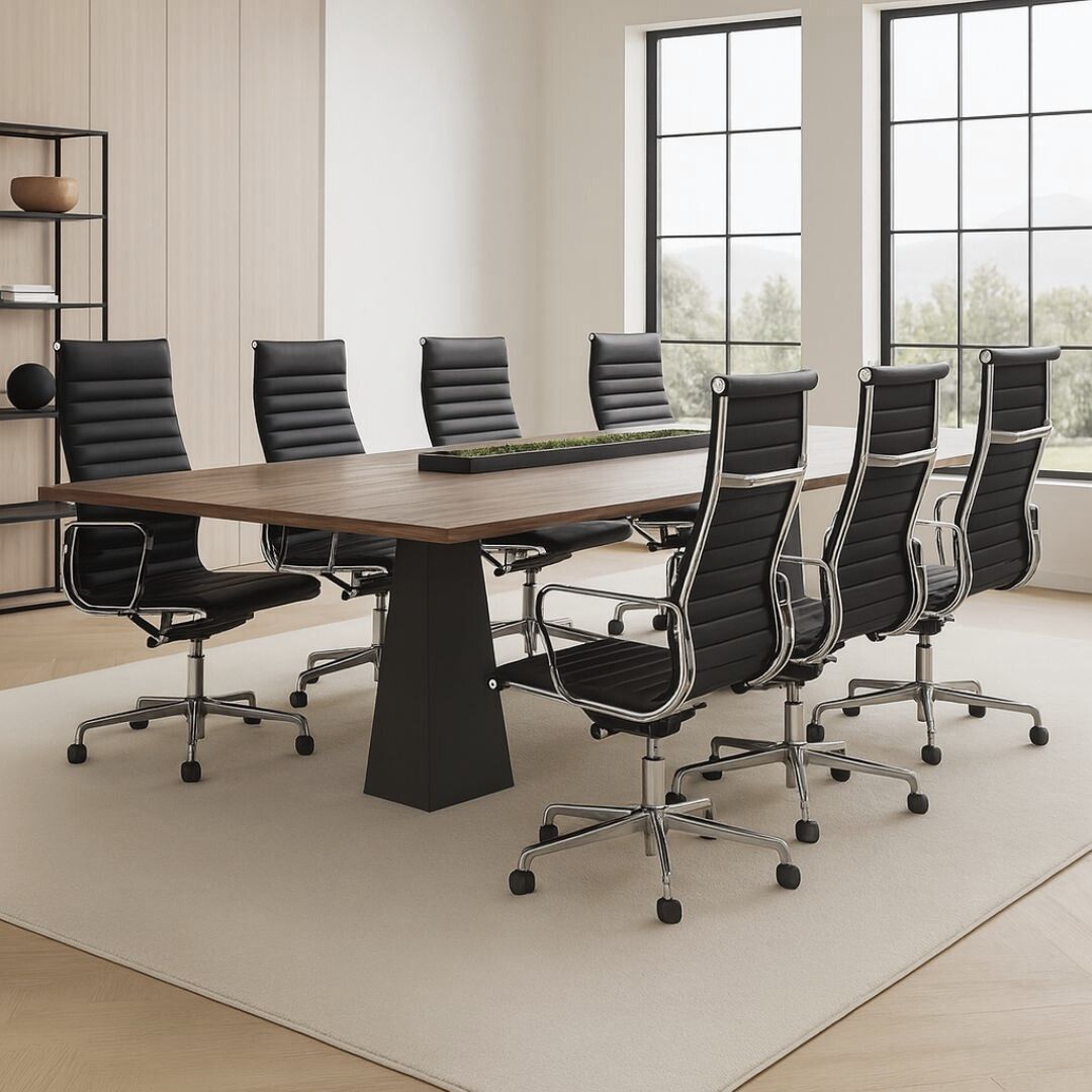 Kontorstol i sort ribbet læder med høj ryg og poleret aluminium – ideel til kontor, konferencerum og hjemmekontor