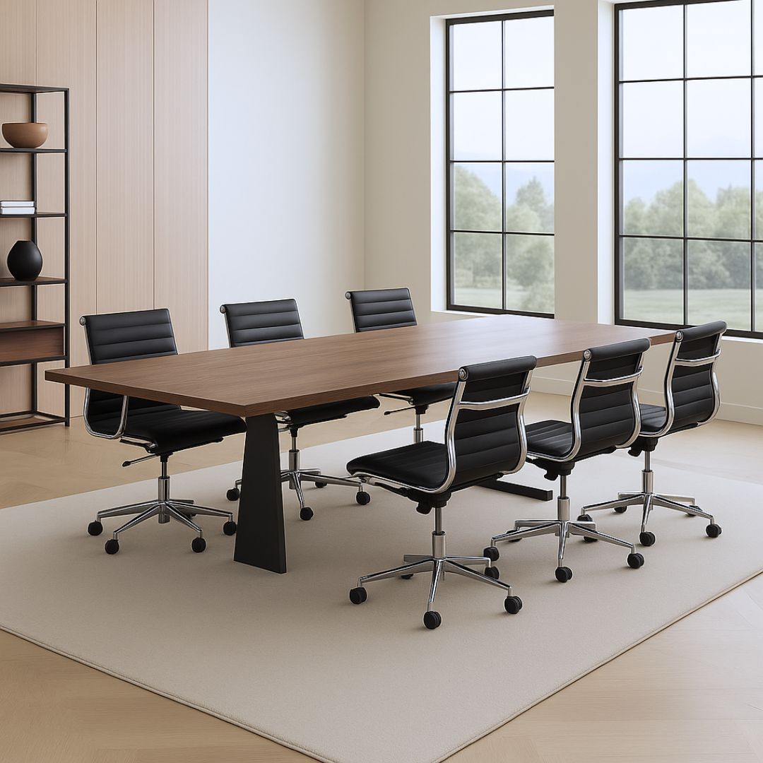 Kontorstol i sort ribbet læder med lav ryg og poleret aluminium – ideel til kontor, konferencerum og hjemmekontor