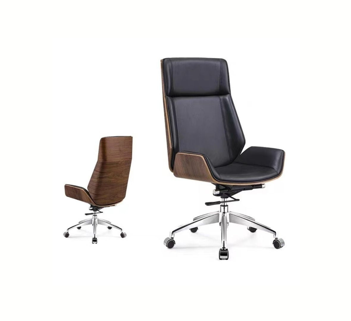 Luxury designer office chair in black leather and walnut finish with recline function