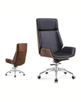 Luxury designer office chair in black leather and walnut finish with recline function