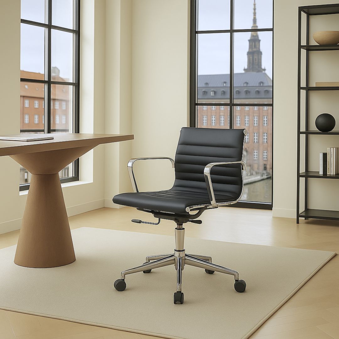Office chair in black leather with a low back and polished aluminium base – ergonomic and elegant design